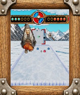 A digital game interface with a snowy landscape, featuring a character in a hooded cloak, colored orbs on a path, and a wooden frame with metal bolts.