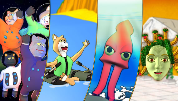 A collage of four vertical panels showcasing games available in the Google Play Store. It features various cartoon characters from those games including Endless Rumpus, The Gorgons: Medusa, and Yule Pizza Oven.