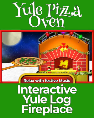 A backyard pizza oven has a fire going on a starry night with snow on the ground. A pie is about to be placed inside. It's labled, "Relax with festive music." It's captioned, "Yule Pizza Oven: Available for Android in the Play Store."