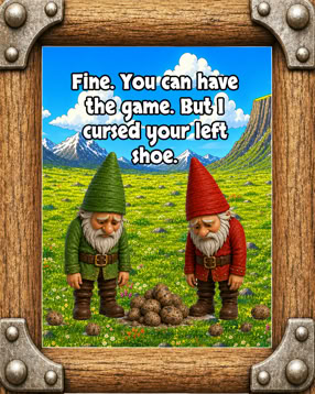 Two gnomes standing on grass, one in green and one in red, looking at a pile of rocks. Text above reads, "Fine. You can have the game. But I cursed your left shoe." The image is framed with a wooden border.