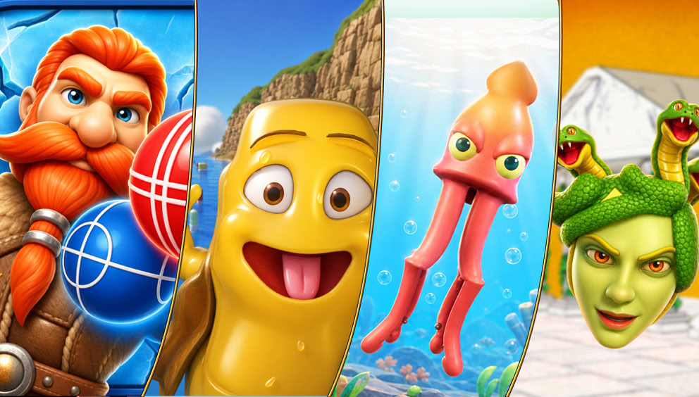 A collage of four vertical panels showcasing games available in the Google Play Store. It features various cartoon characters from those games including Bolti Saga, Endless Rumpus, Cabana Squid, and The Gorgons: Medusa.
