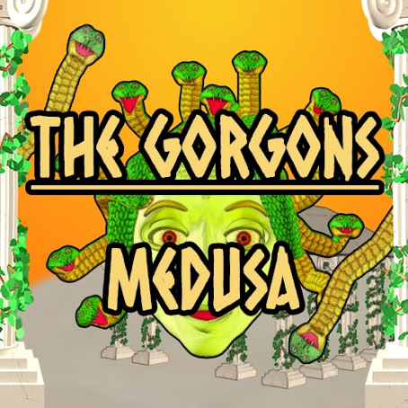 The Gorgons: Medusa title card with Medusa's head with hair made of snakes slithering framed by Ionic columns. The title is in front.